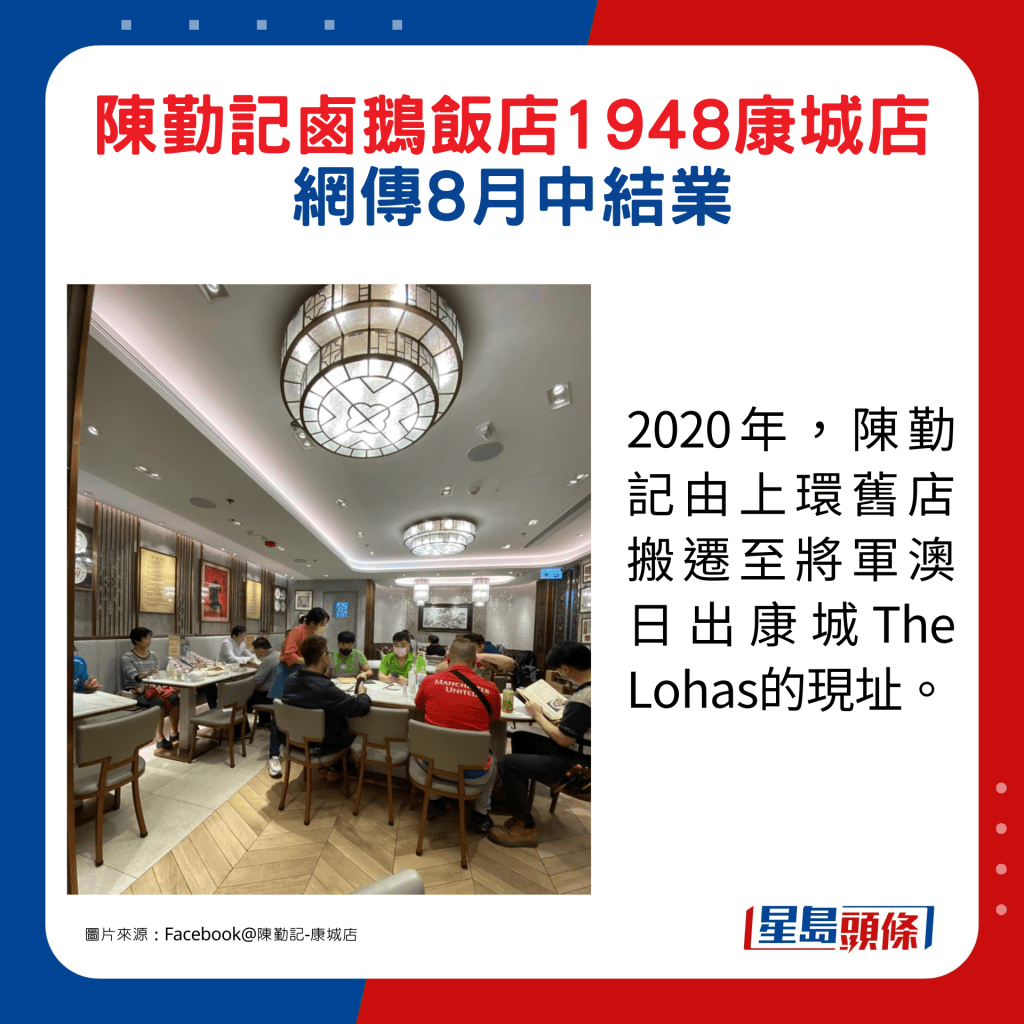 2020年，陈勤记由上环旧店搬迁至将军澳日出康城The Lohas的现址。