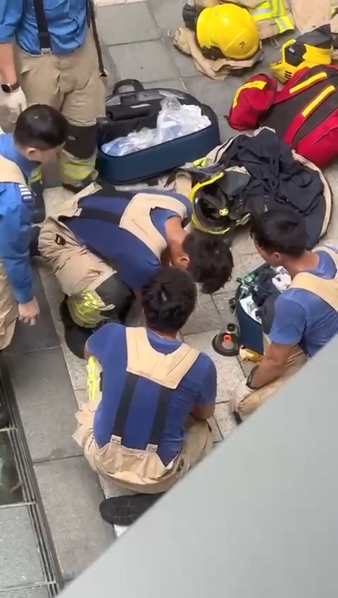 兩批消防員跪在地上替兩隻昏迷貓咪進行心外壓急救,有消防員更不斷撫摸貓貓的身體。網上片段截圖 兩批消防員跪在地上替兩隻昏迷貓咪進行心外壓急救,有消防員更不斷撫摸貓貓的身體。網上片段截圖