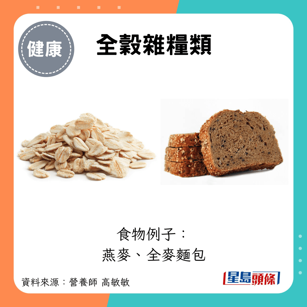 全谷杂粮类：食物例子： 燕麦、全麦面包