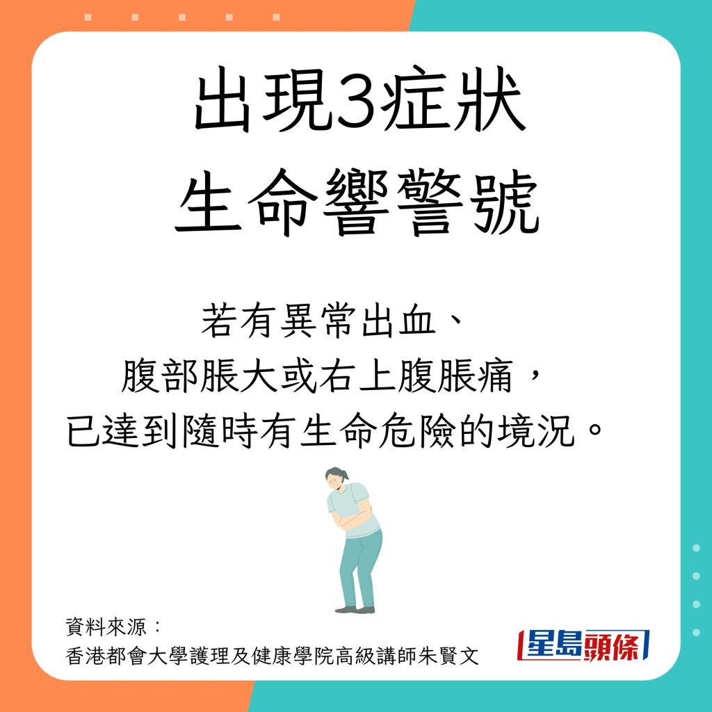 肝臟嚴重受損警號｜若有異常出血、 腹部脹大或右上腹脹痛， 已達到隨時有生命危險的境況。