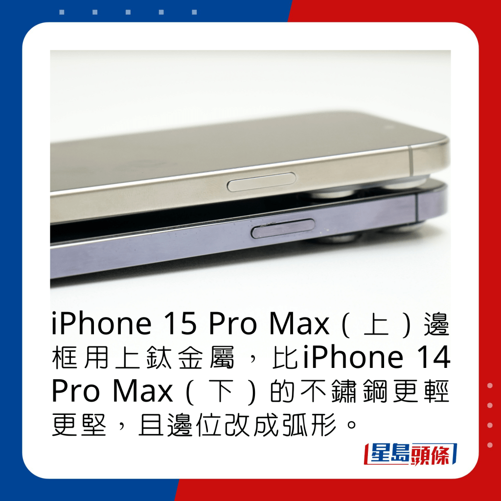 iPhone 15 Pro Max（上）边框用上钛金属，比iPhone 14 Pro Max（下）的不锈钢更轻更坚，且边位改成弧形。