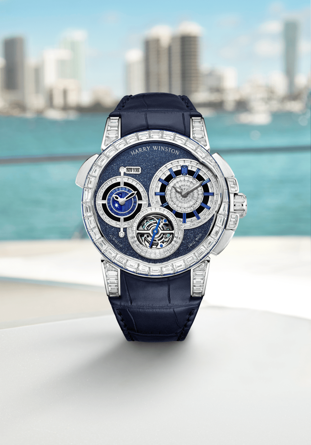 Harry Winston Ocean Tourbillon GMT Worldtimer，表壳：46mm白金/ 机芯：HW1005自动/ 宝石：275颗/ 钻石共重11.95卡、114 颗蓝色蓝宝石共重9.37卡/ 限量：5枚/ 售价：$3,680,000。