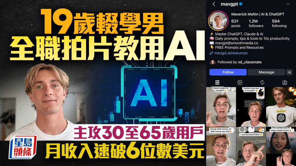 19歲輟學男全職拍片教用AI 主攻30至65歲用戶 月收入速破6位數美元