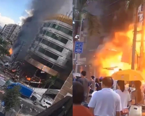 珠海一間酒店附近發生爆炸。爆炸一刻（右），火焰衝天。