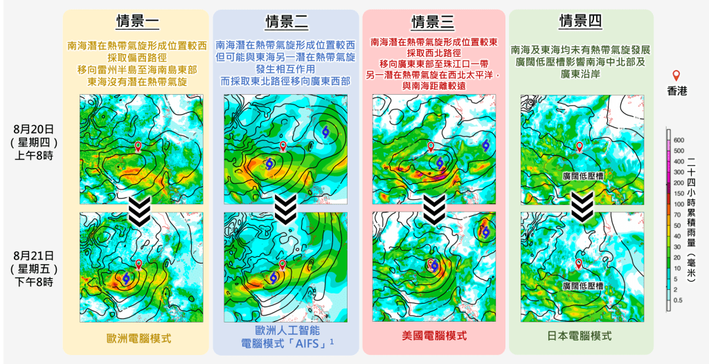 電腦模式之間對於南海及東海的低壓區預測仍存在分歧。天文台圖片 電腦模式之間對於南海及東海的低壓區預測仍存在分歧。天文台圖片