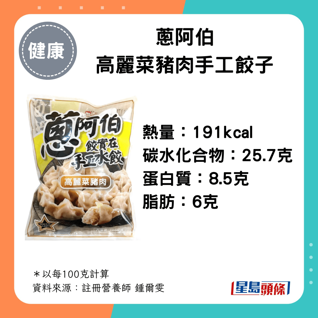 葱阿伯高丽菜猪肉手工饺子 热量：191kcal 