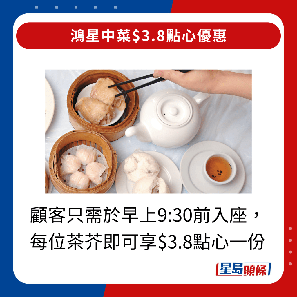 顧客只需於早上9:30前入座，每位茶芥即可享$3.8點心一份