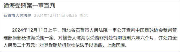 譚海被判囚6年半外，並遭處20萬元人民幣罰金。