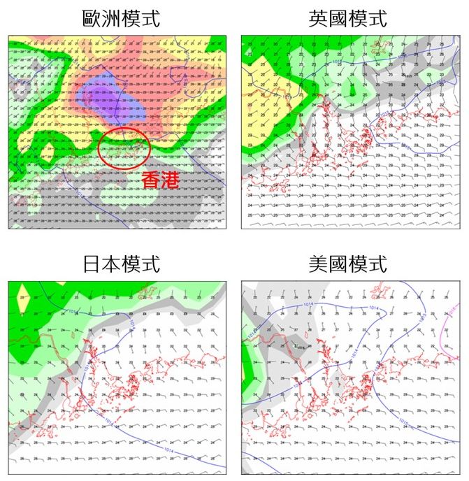 各大電腦預報模式對於4月16日的地面預報圖，有顏色部分代表上午8時至下午8時的累積雨量。淺綠色為雨量較少，黃色或偏紫色為雨量較多。天文台