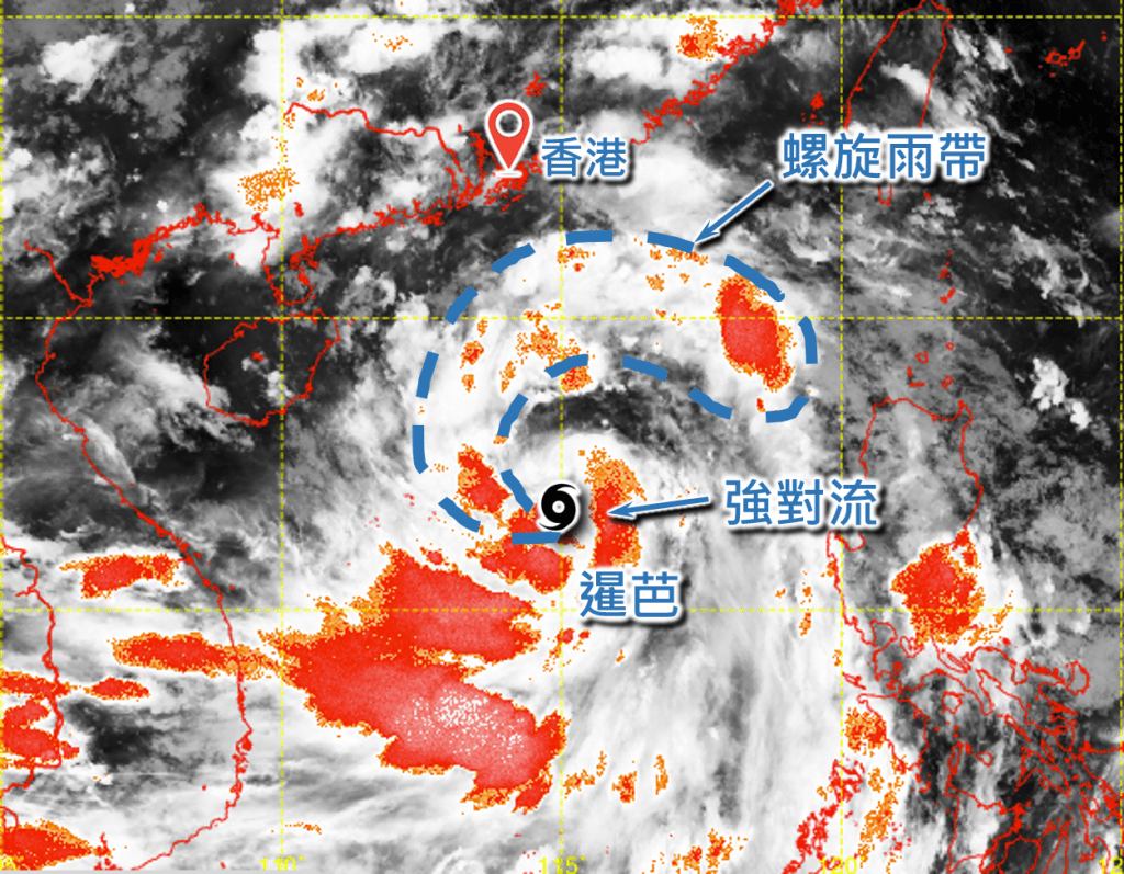 6月30日，熱帶氣旋暹芭中心附近的對流明顯增強，外圍螺旋雨帶亦逐漸形成。天文台圖片