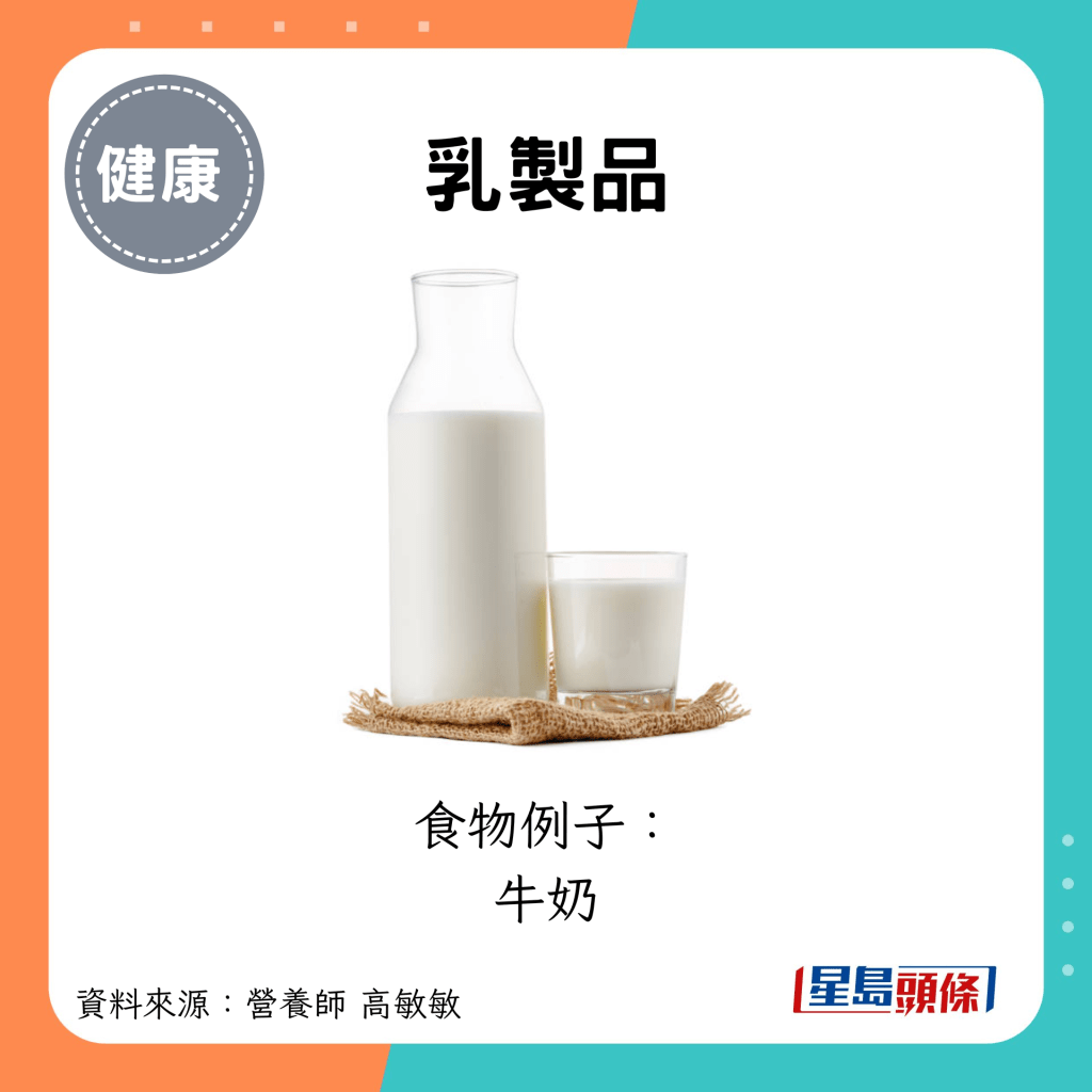 乳制品：食物例子： 牛奶