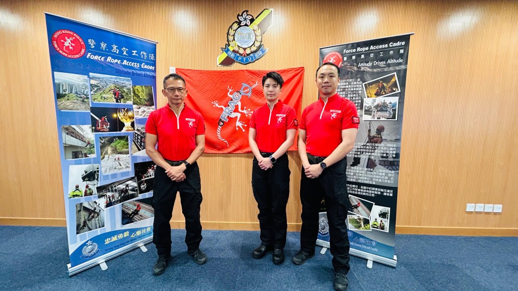 黃永權(左)、徐尉珊(中)、陳家進(右)表示，警察高空工作隊成員所設置的安全系統必須確保200%安全。蔡楚輝攝