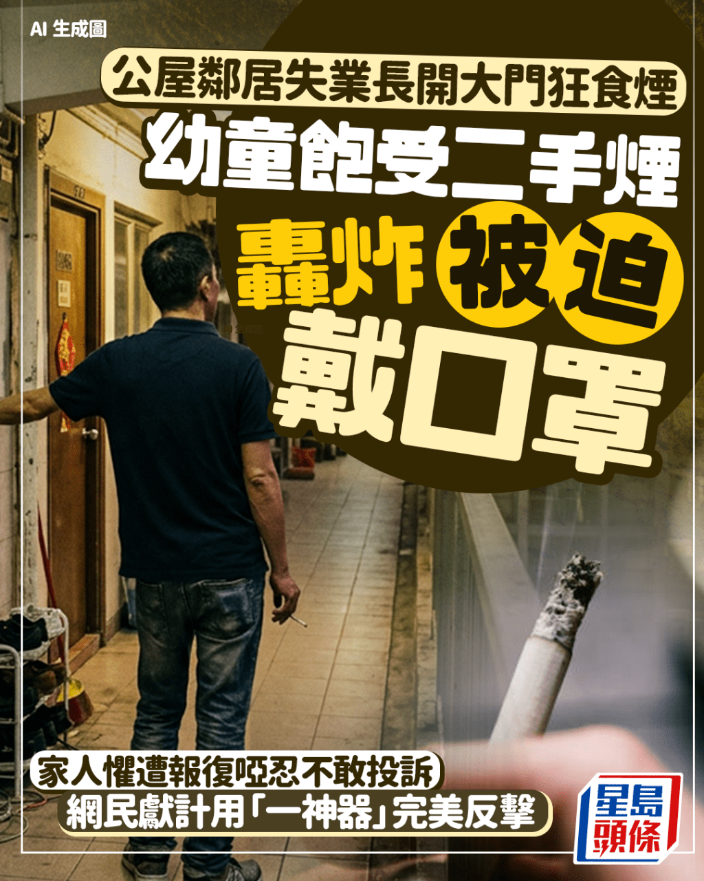 公屋鄰居失業長開大門狂食煙 幼童飽受二手煙轟炸被迫戴口罩 網民獻計用「一神器」完美反擊|Juicy叮 公屋鄰居失業長開大門狂食煙 幼童飽受二手煙轟炸被迫戴口罩 網民獻計用「一神器」完美反擊|Juicy叮