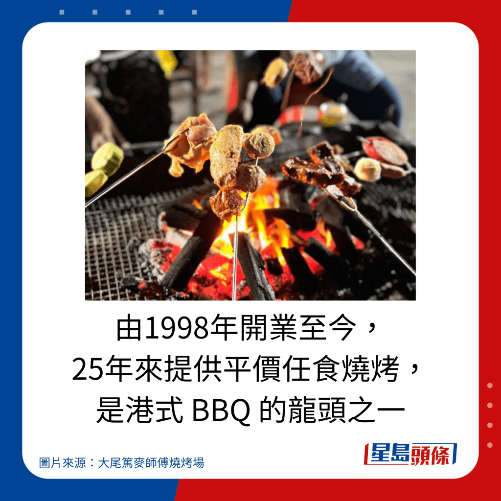 由1998年開業至今， 25年來提供平價任食燒烤， 是港式 BBQ 的龍頭之一。