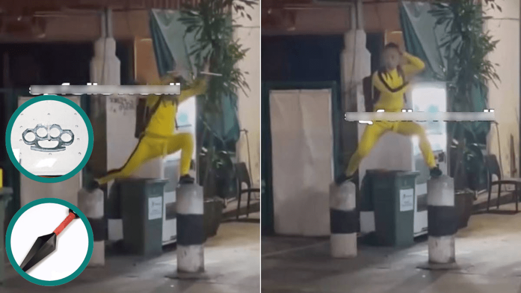 中國男子在新加坡街頭舞雙節棍引起警方注意，截查時發現藏有多種武器被判囚。IG@sgfollowsall