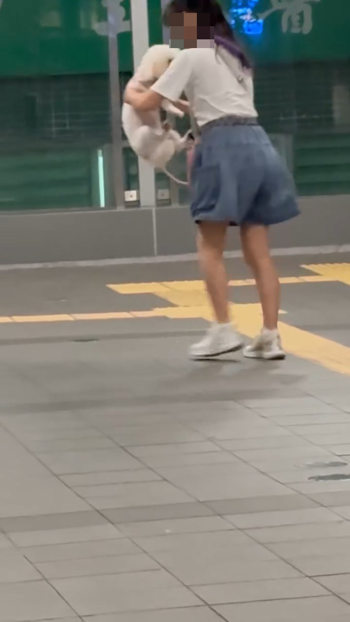 女子將狗狗拿起，非常粗暴。網上片段截圖