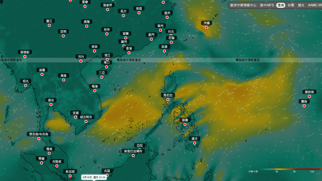 8月16日（周一）風向預測。