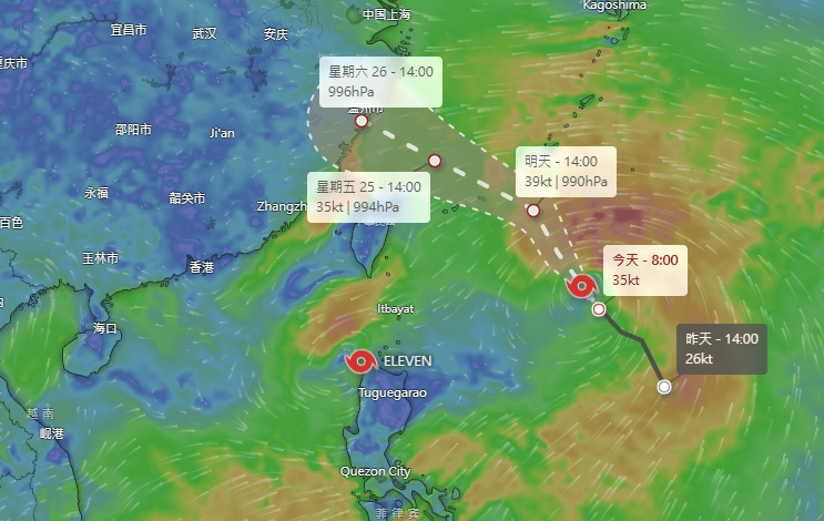 日本氣象局對熱帶氣旋范斯高(Francisco)的預測。Windy擷圖 日本氣象局對熱帶氣旋范斯高(Francisco)的預測。Windy擷圖