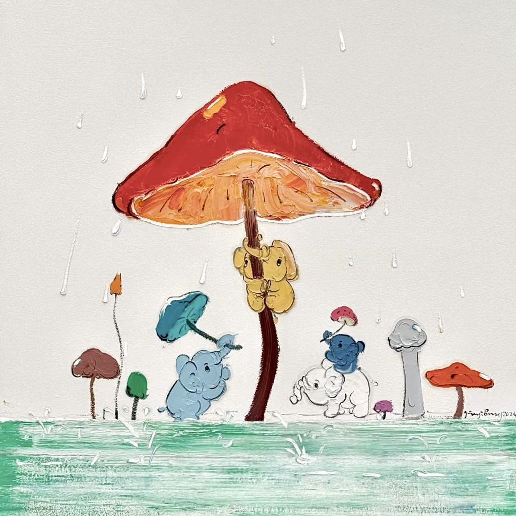 《Mushroom》─大象一家在蘑菇下起舞，畫面繽紛童趣，也滿載溫情。