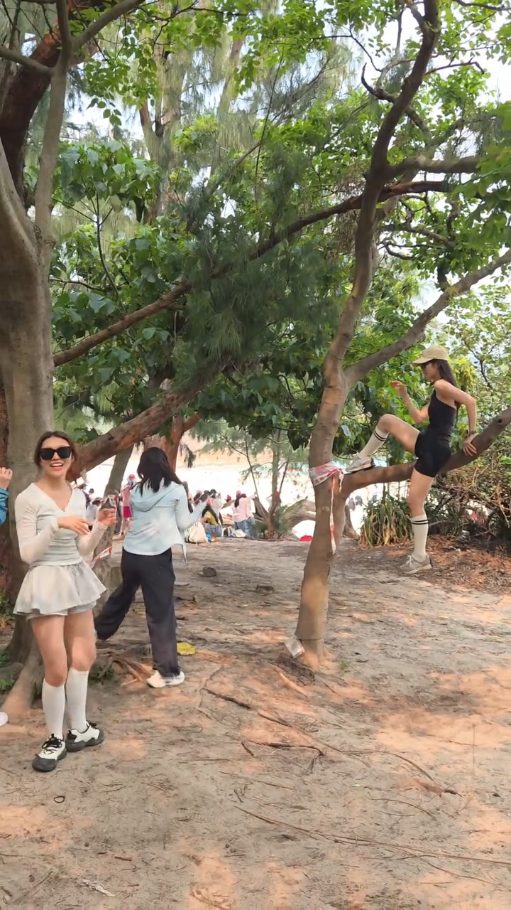 一名穿著熱褲的女子躺在樹丫上拍照。Threads@mj.food.daily片段截圖