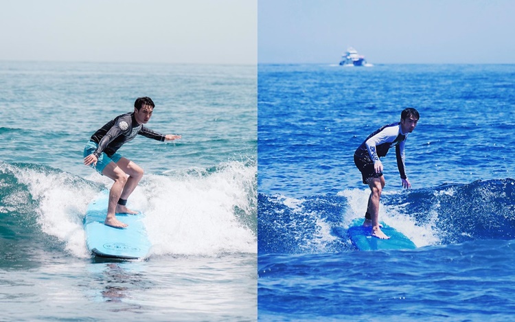 Stanley（左）和阿海（右）齊齊到宜蘭烏石港玩surfing。