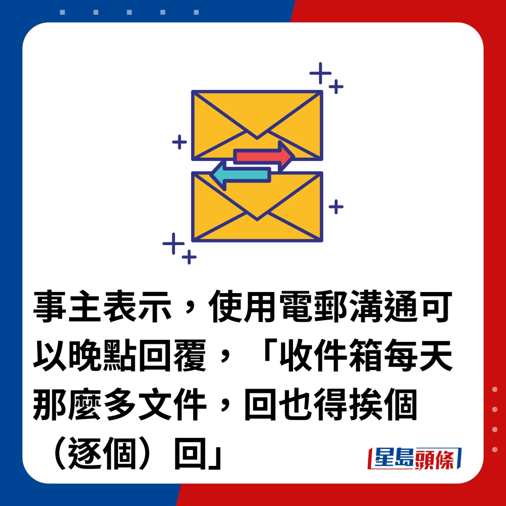 事主表示，使用電郵溝通可以晚點回覆，「收件箱每天那麼多文件，回也得挨個（逐個）回」