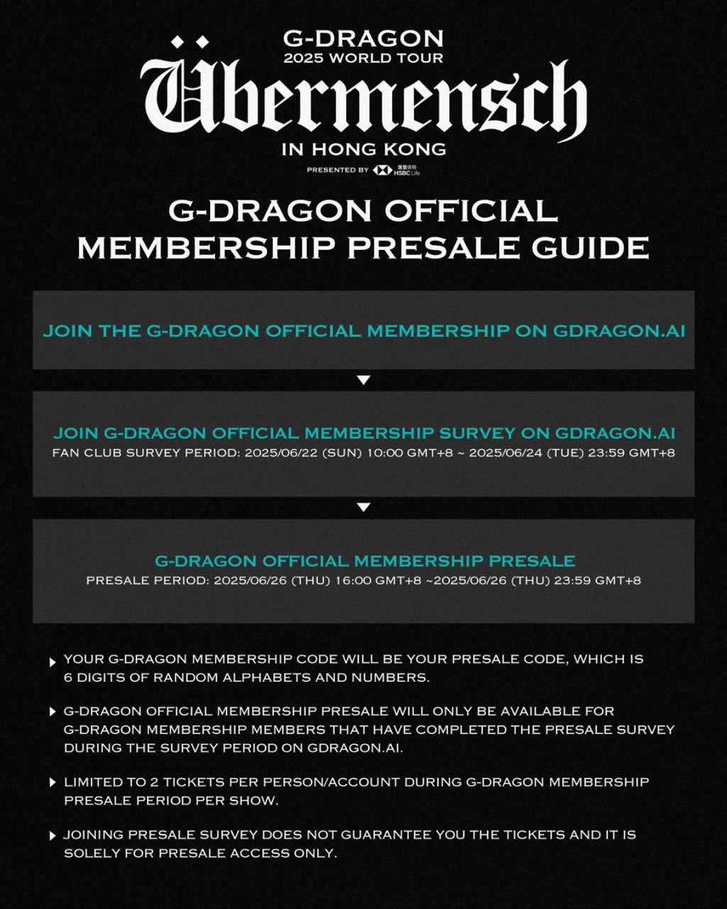 GD的《G-DRAGON 2025 WORLD TOUR [Übermensch] IN HONG KONG》會員優先購票詳情。