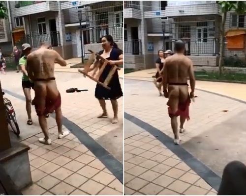 偷食人夫被大婆、小三夾擊,十分狼狽。影片截圖