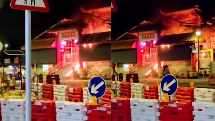 黃竹坑大王爺廟起火 火光熊熊冒出濃煙 疑香火燒著鐵架肇禍。Threads@e7ak影片截圖