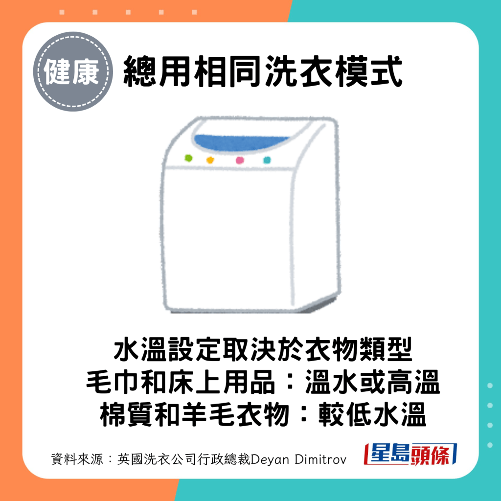 洗衣機的水溫設定應取決於要清洗的衣物類型。
