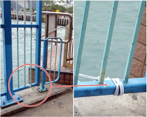 事主懷疑以電線（紅圈示）掛於欄杆外上吊再跳落水。