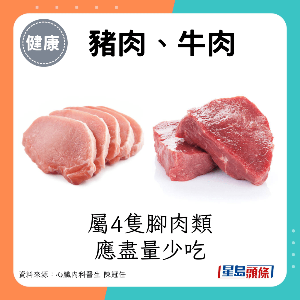 豬肉、牛肉：屬4隻腳肉類，應盡量少吃。