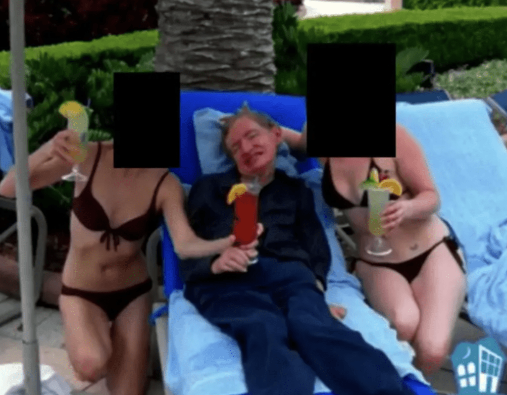 照片中,霍金躺在海灘椅上,身旁有兩名身穿黑色比堅尼的妙齡女子。 美國司法部 照片中,霍金躺在海灘椅上,身旁有兩名身穿黑色比堅尼的妙齡女子。 美國司法部