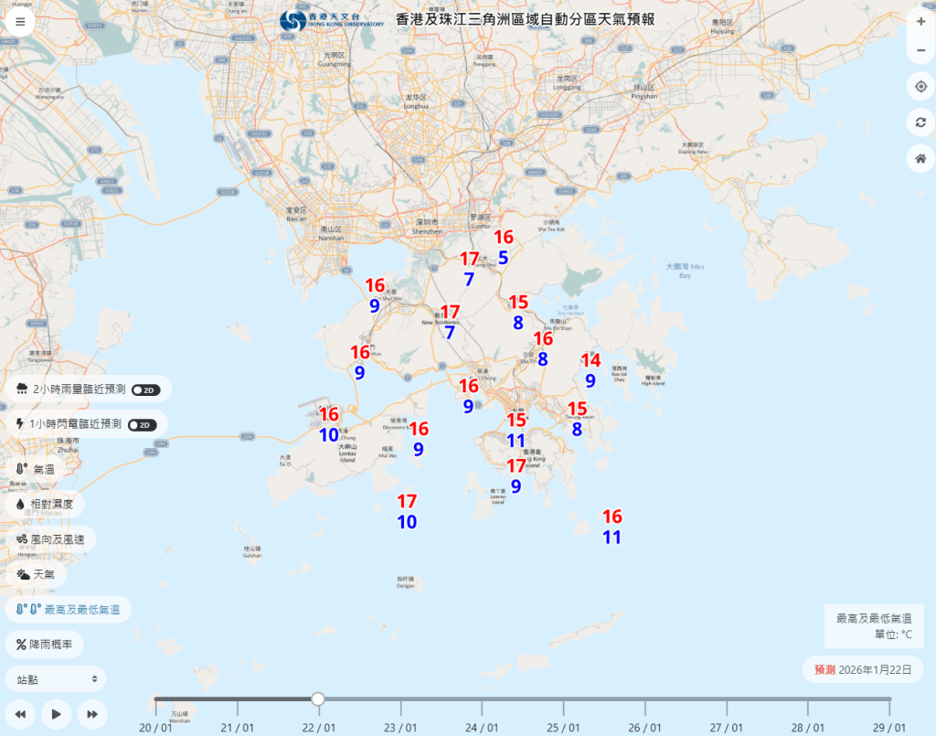 周四當日，新界多個地區跌至10度以下，其中打鼓嶺更只有5度低溫。天文台網頁截圖