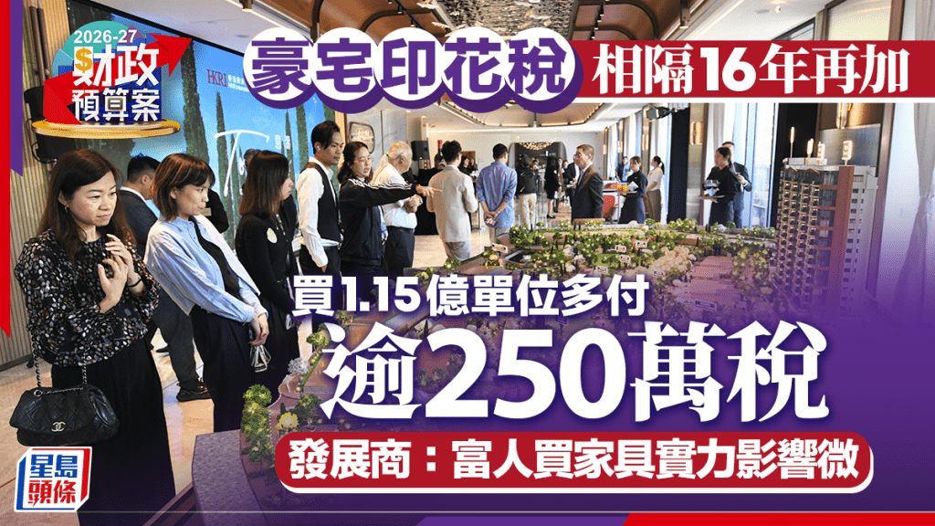 豪宅印花稅相隔16年再加 買1.15億單位多付逾250萬稅 發展商： 富人買家具實力影響微