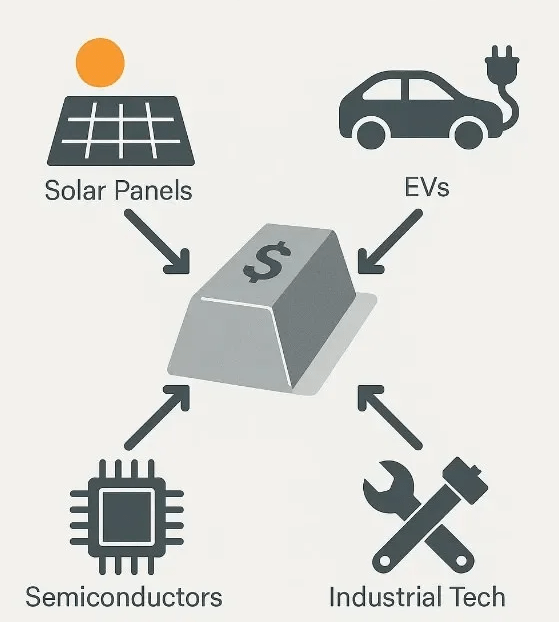 美銀指,白銀在太陽能板、電動車、半導體等產業鏈是不可或缺的原料,料今年底或高見每盎司40美元。(網上圖片) 美銀指,白銀在太陽能板、電動車、半導體等產業鏈是不可或缺的原料,料今年底或高見每盎司40美元。(網上圖片)