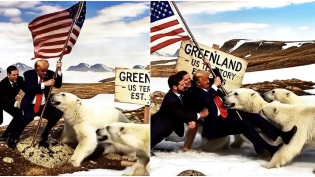 網民二改特朗普格陵蘭插旗AI圖，北極熊將特朗普推跌。 X