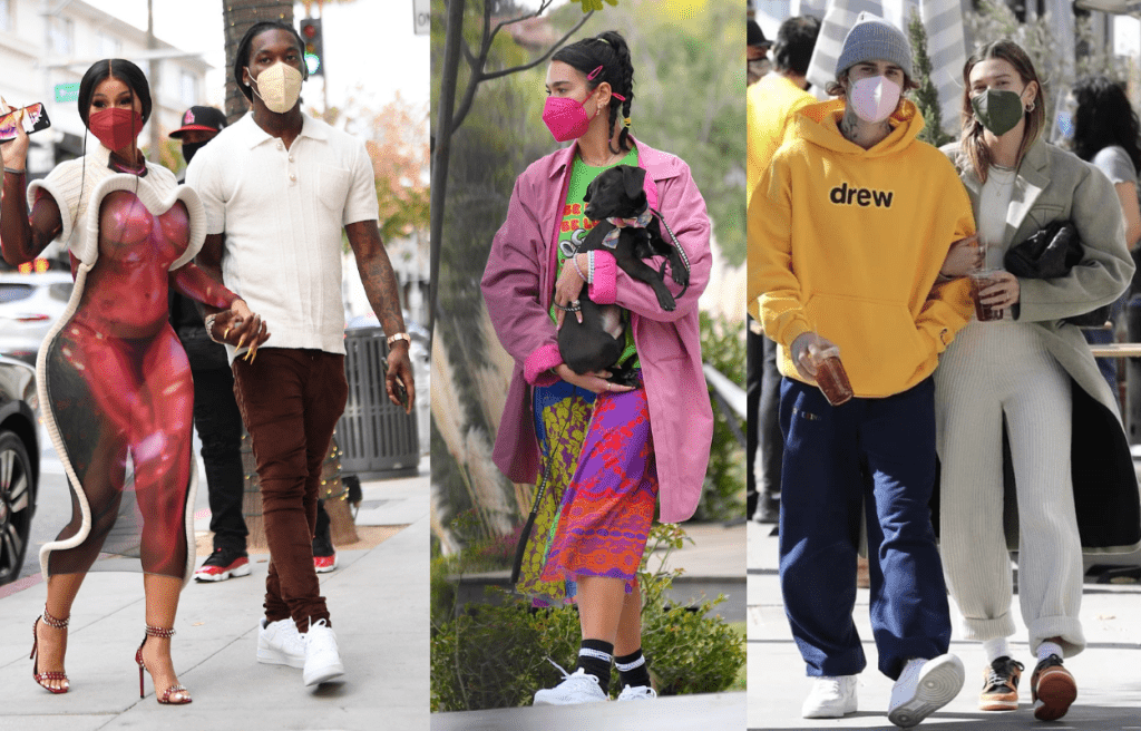 點樣用色彩口罩襯衫?不如睇睇品牌捧場客Cardi B/左、Dua Lipa/中及Justin Bieber夫婦/右點樣配襯,大家不妨從中偷師。