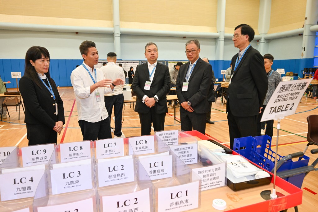 選管會主席陸啟康(右二)、委員石丹理(右一)和文本立(中)到訪九龍公園體育館的選票分流站兼綜合大點票站。政府新聞處圖片 選管會主席陸啟康(右二)、委員石丹理(右一)和文本立(中)到訪九龍公園體育館的選票分流站兼綜合大點票站。政府新聞處圖片