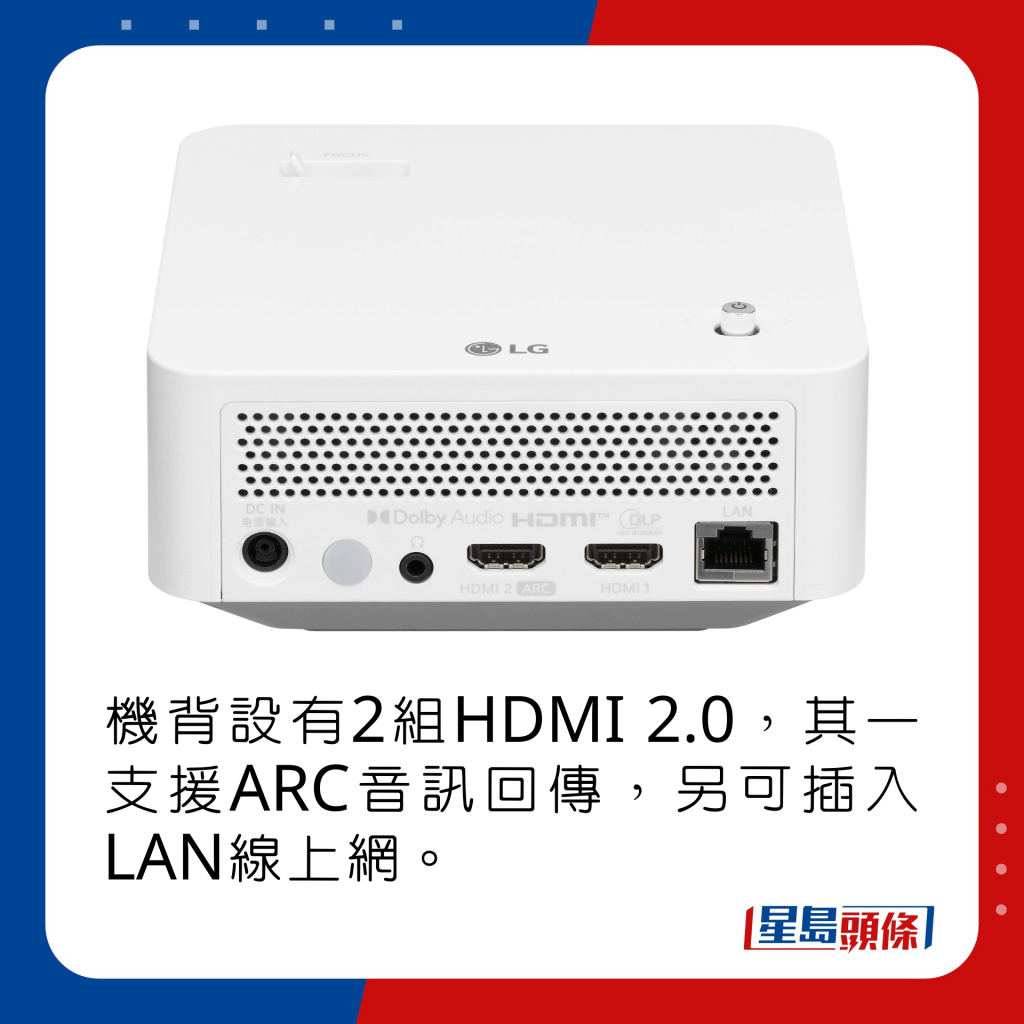 機背設有2組HDMI 2.0，其一支援ARC音訊回傳，另可插入LAN線上網。