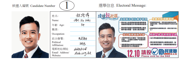 南区东南地方选区候选人1号林浩玮。