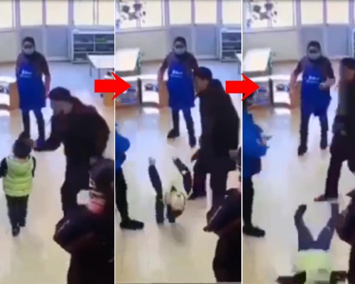 幼兒園兩幼童發生衝突，一名家長（黑衫男子）到校將對方孩子一巴掌拍倒在地。