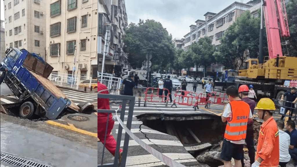 深圳暴雨致路陷 寶安區運沙車墮坑