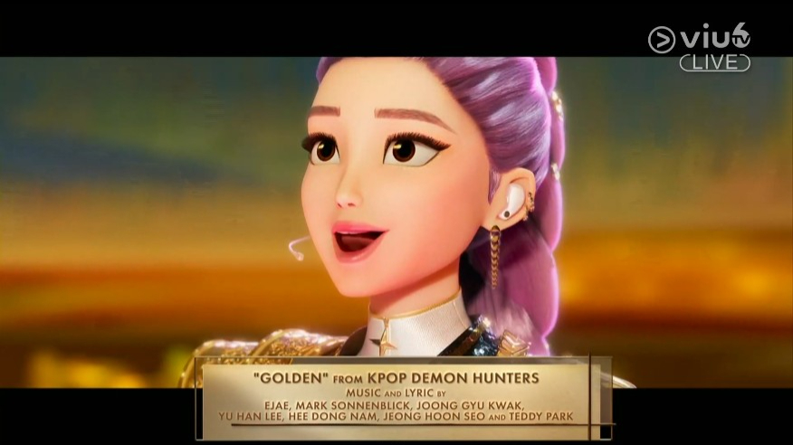 Netflix原創動畫電影 Kpop獵魔女團（KPop Demon Hunters）於奧斯卡2026奪得「最佳動畫長片」及「最佳原創歌曲」兩大獎項（圖片來源：ViuTV電視截圖）