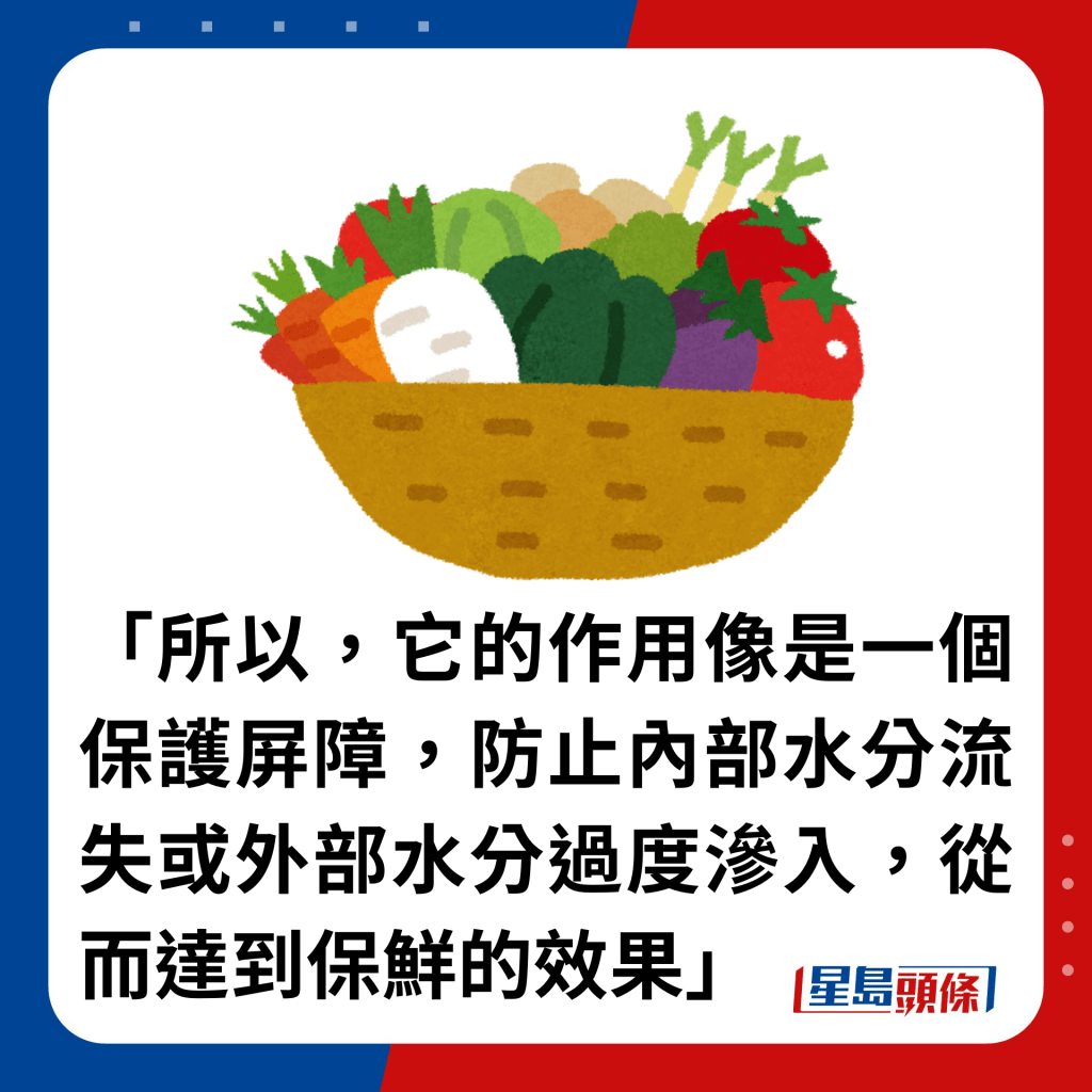 「所以，它的作用像是一个保护屏障，防止内部水分流失或外部水分过度渗入，从而达到保鲜的效果」