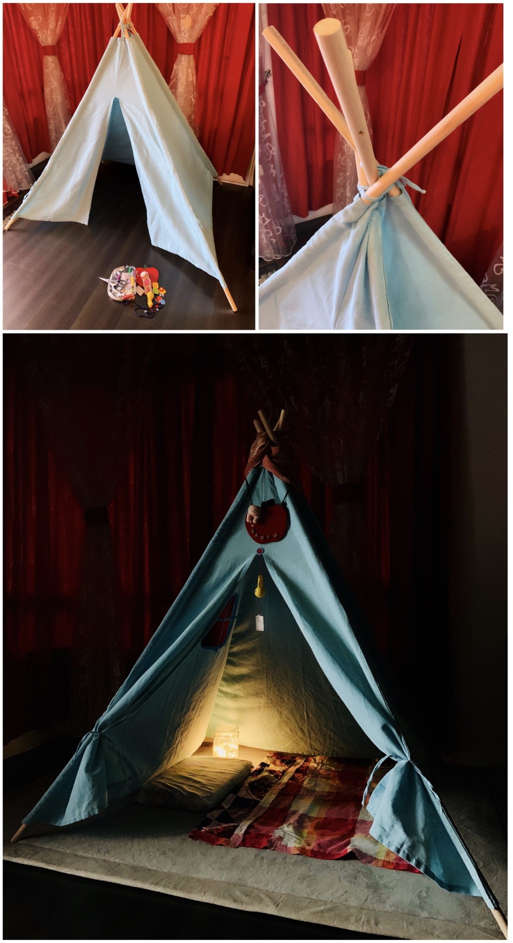 木棍搭製而成的帳篷，營造屬於孩子的個人空間。