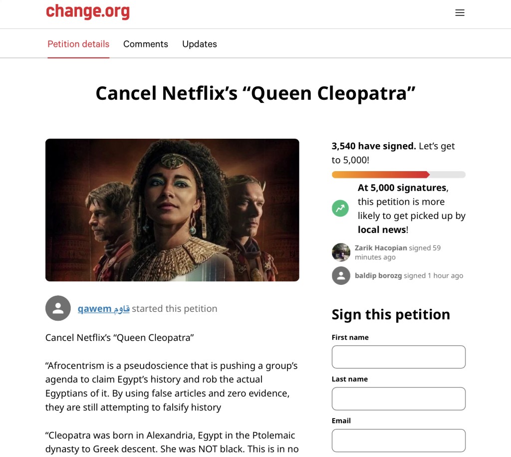 change.org 聯署抗議Netflix《埃及妖后》項目被刪除後，重新收集到數千個簽名。 網頁截圖