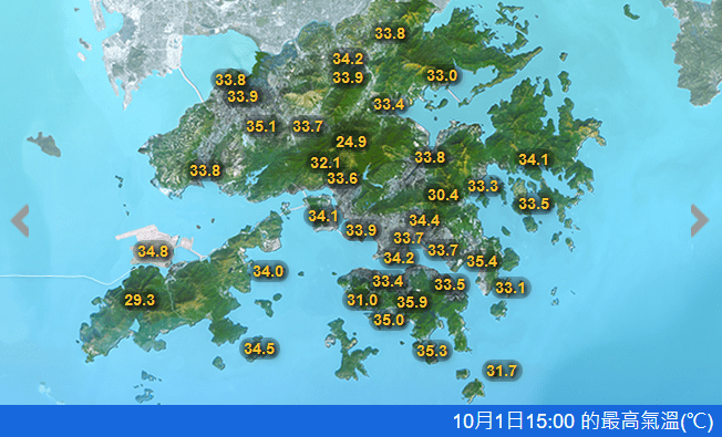 天文台在下午2时录得34.2°C，追平有记录以来10月1日最高温。天文台网站撷图