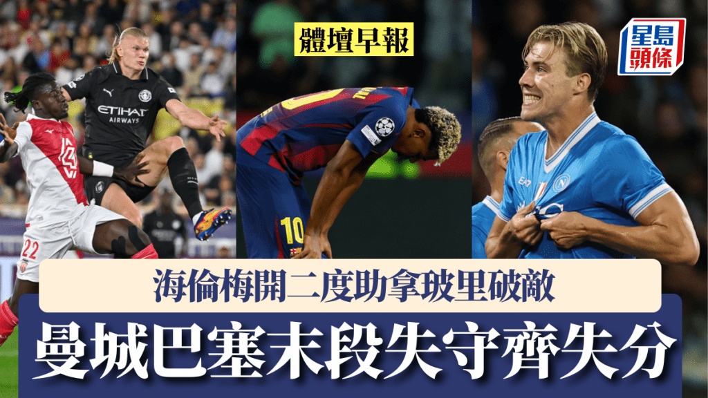 體壇早報｜歐聯次輪曼城、巴塞末段失守齊失分 海倫梅開二度助拿玻里破敵。美聯社