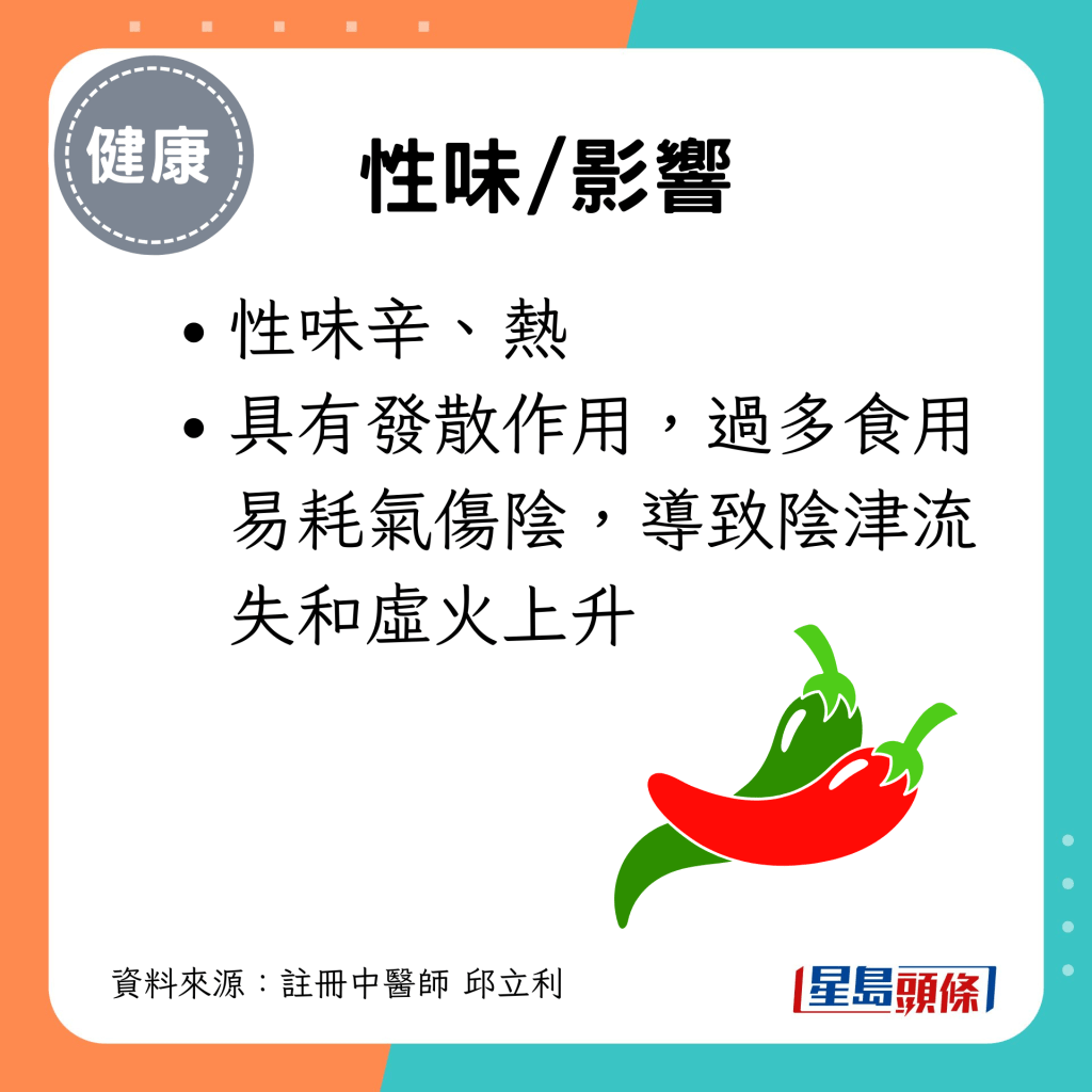 具有發散作用，過多食用易耗氣傷陰，導致陰津流失和虛火上升